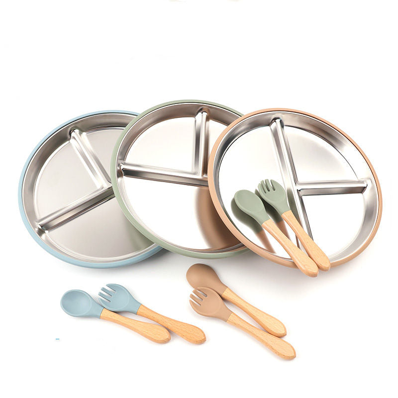 Kids BPA Free Stainless Steel Suction Plate with Spoon & Fork | বাচ্চাদের স্টেইনলেস স্টিল সাকশন প্লেট সেট
