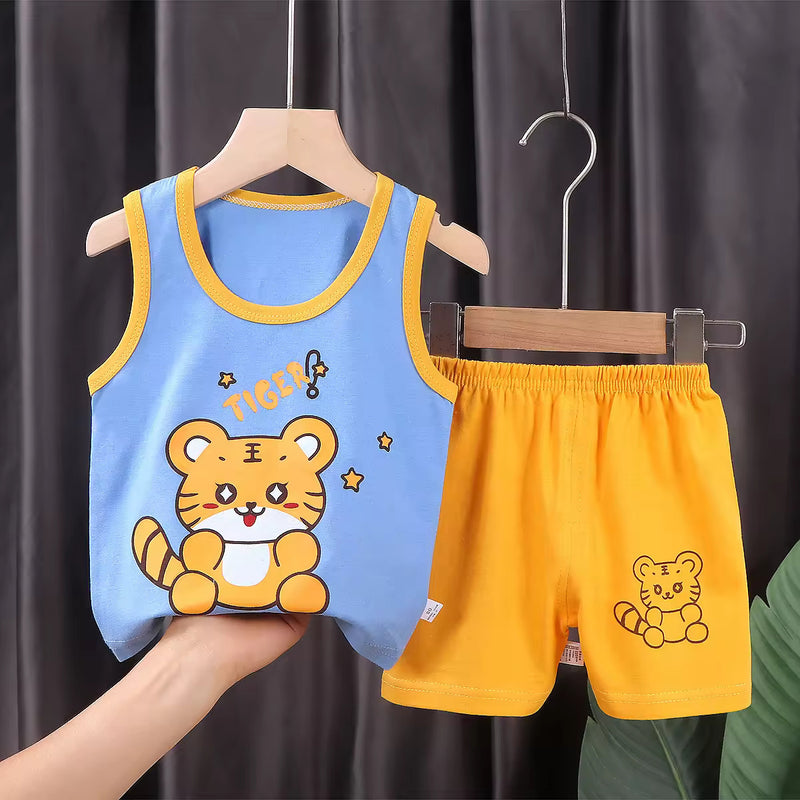 Kids Pure Cotton Cartoon Sleeveless Vest & Shorts Set | বাচ্চাদের পিওর কটন কার্টুন ভেস্ট ও শর্টস সেট