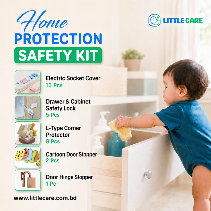 Home Protection Safety Kit (Electric Socket Cover 15 Pcs + Drawer & Cabinet Safety Lock 5 Pcs + L-Type Corner Protector 8 Pcs + Cartoon Door Stopper 2 Pcs + Door Hinge Stopper 1 Pc)