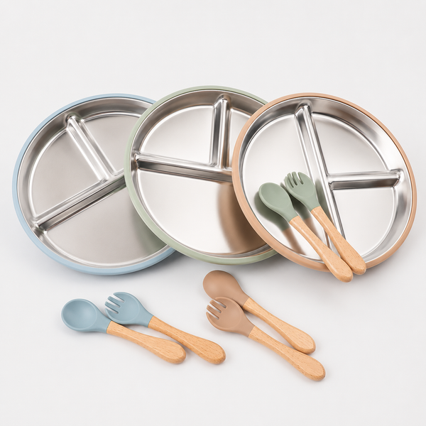 Kids BPA Free Stainless Steel Suction Plate with Spoon & Fork | বাচ্চাদের স্টেইনলেস স্টিল সাকশন প্লেট সেট