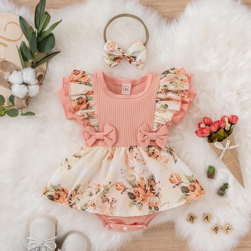 Baby Girl Floral Lace Bow Cotton Romper Dress Set  | বেবি গার্ল ফ্লোরাল লেস বো কটন রম্পার ড্রেস সেট