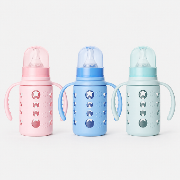 120ml BPA-Free Glass Baby Feeding Bottle with Silicone Sleeve | ১২০ মি.লি. BPA-ফ্রি গ্লাস বেবি ফিডিং বোতল